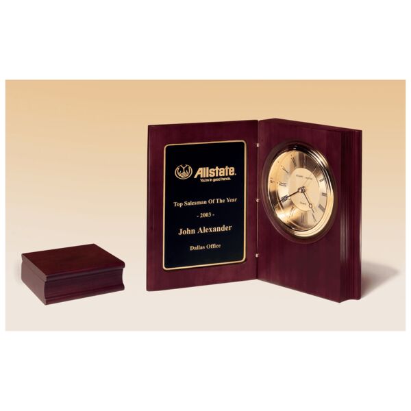 9" x 6 3/4" Hand Rubbed Finish Book Clock, Diamond Spun Dial, 3 Hand Movement, Laserable Plate Thumbnail