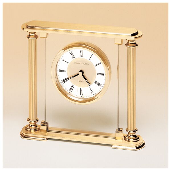 6 5/8" x 7 1/4" Glass Upright with Feet & Top, Metal Goldtone Columns, Diamond Spun Dial, 3 Hands-Plate Not Included Thumbnail
