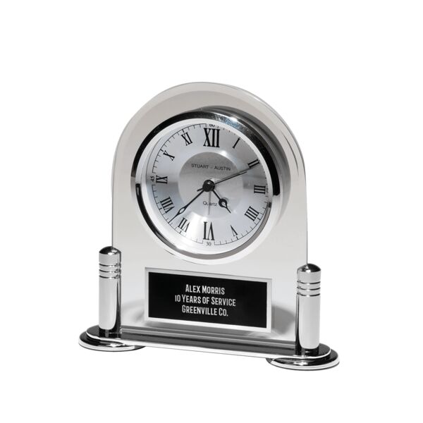 6 1/8" x 6" Desk Clock with Beveled Glass Upright, Metal Base, 3 Hand Movement Plate Thumbnail