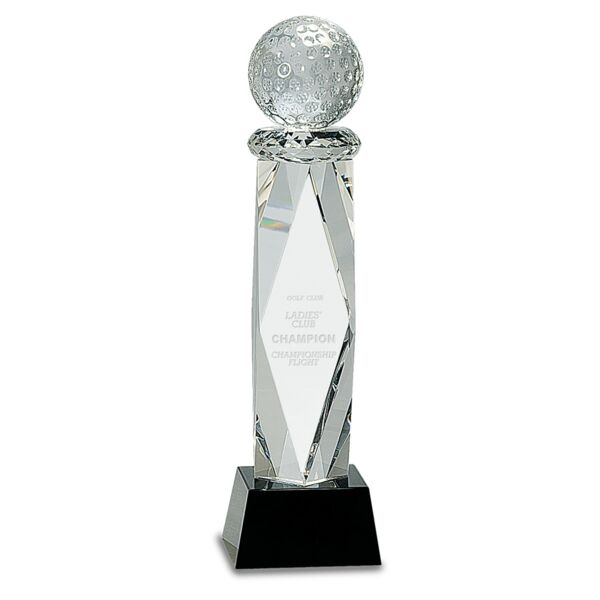 10 3/4" Crystal Golf Ball on Facet Column w/ Base Thumbnail