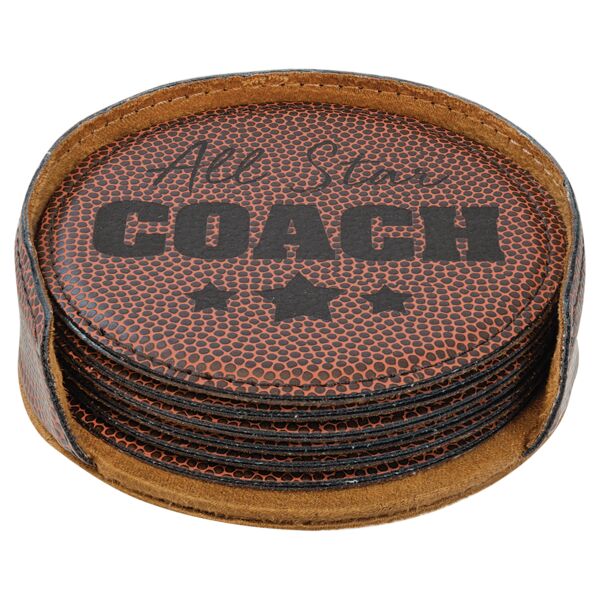 4" Football Round Laserable Leatherette 6-Coaster Set Thumbnail