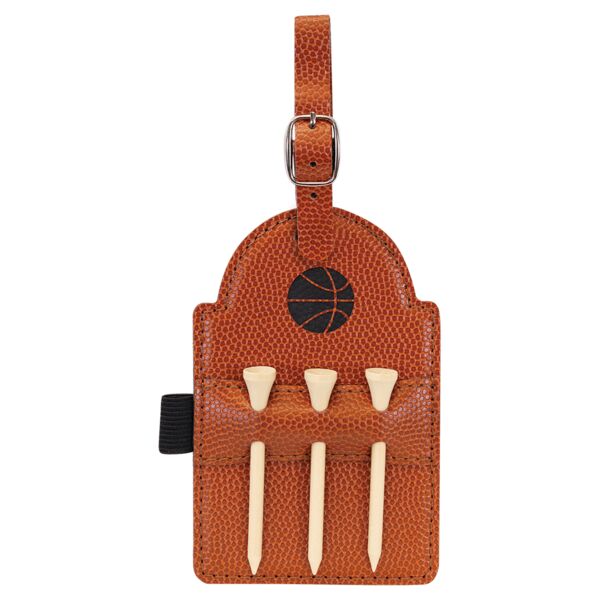 5" x 3 1/4" Basketball Laserable Leatherette Golf Bag Tag with 3 Wooden Tees Thumbnail