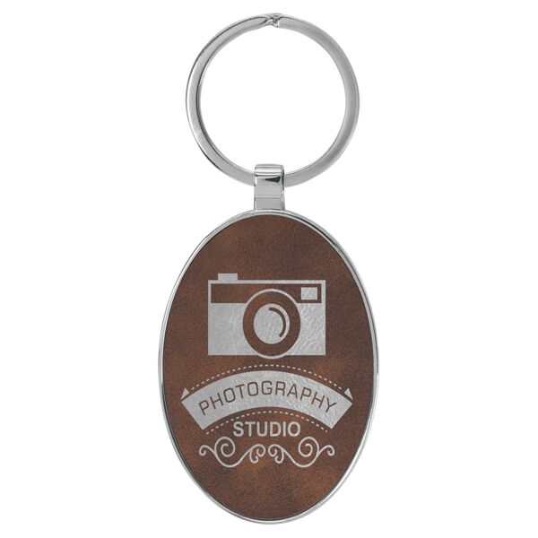 3" x 1 3/4" Laserable Leatherette/Metal Rustic/ Oval Keychain Thumbnail