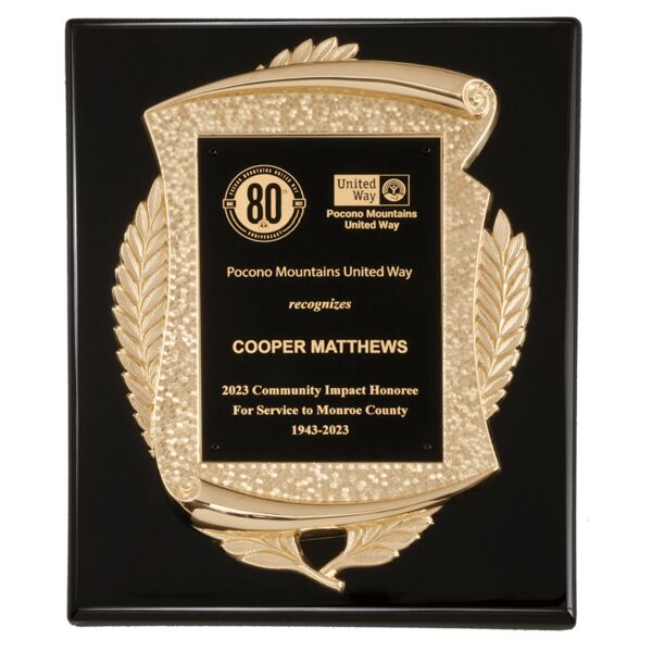 10 1/2" x 13" High Gloss Plaque with Metal Scroll Frame Casting with LaserFX Plate Thumbnail