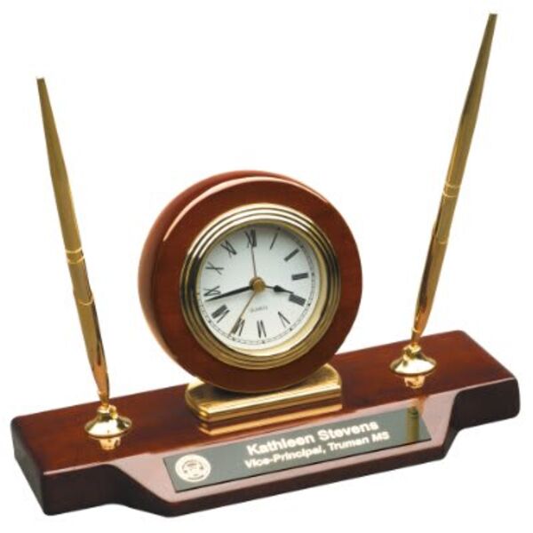 9" x 4 3/4" Piano Finish Desk Clock on Base with 2 Pens Thumbnail