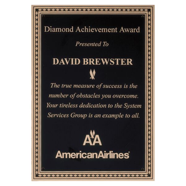 6 1/4" x 8 3/4" Laser Engravable Brass Plated Steel Plate with Diamond Florentine Border and Four Holes Thumbnail