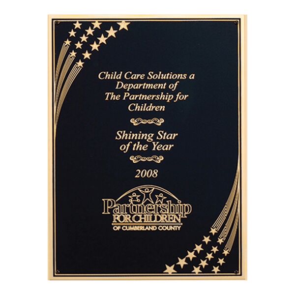 5 1/4" x 8 3/4" Laser Engravable Brass Plated Steel with Star Shower Design, Florentine Border and Four Holes Thumbnail