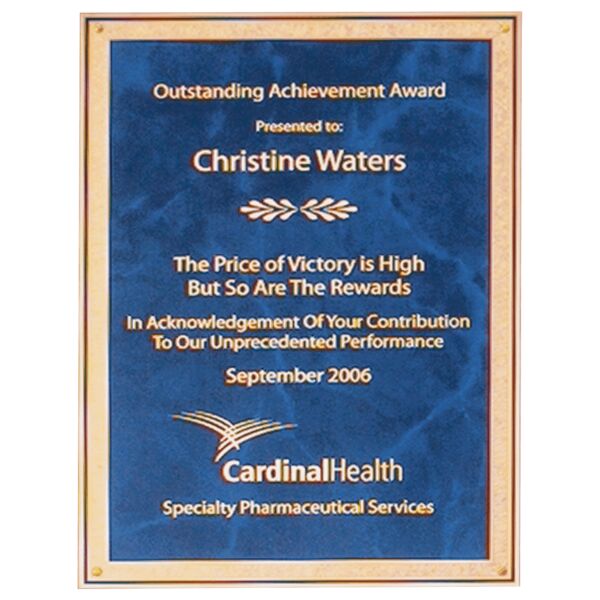 6 1/4" x 8 3/4" Sapphire Marble Laser Engravable Brass Plated Steel Plate with Florentine Border and Four Holes Thumbnail