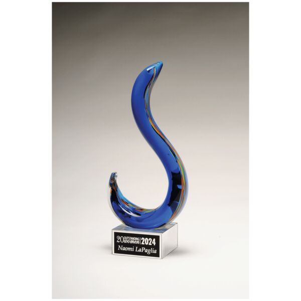 11" Modern Swan Design Art Glass on Glass Base with Laserable Aluminum Plate Thumbnail